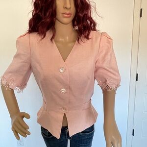 Chic Blush Button-Up Blouse with Lace Accents